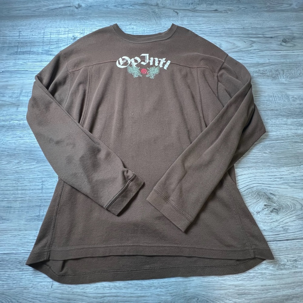 Ocean Pacific‎ Thermal Shirt Mens XL Brown Waffle Knit Y2K Graphic Long Sleeve